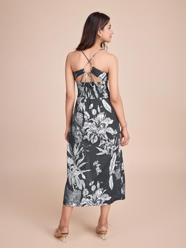 Image of Women Pure Cotton Printed A-Line Dress | Floral Summer Midi Dress | Casual Office Wear Lightweight Dress for Women (D207)