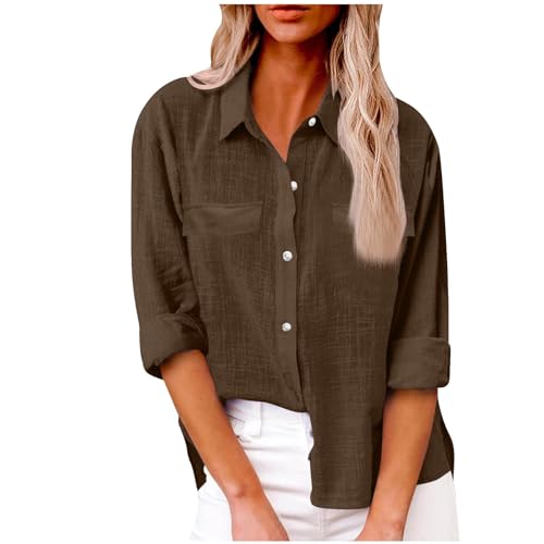 Camisa de lino con botones, tops de muselina para mujer, camisas de manga larga con cuello en V, blusas sueltas casuales para otoño 2024, con bolsillos, camisa plisada de verano y otoño, marrón, M