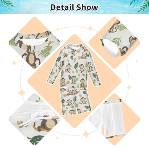 Lovely Monkey with Leaves Boys Swimsuit Rash Guard Toddler Kids Long Sleeve Swim Shirt and Trunks Swimwear Set 3-10Y3