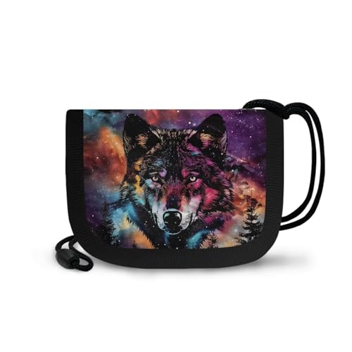Galaxy Wolf Wallet Kids Boys Small Kids Wallet with Lanyard for Boys Ages 8-10 Cool Bifold Wallets with Compartments Card Slots Daily Essential