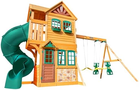 KidKraft Buffalo Crossing Wooden Outdoor Swing Set with Tube Slide