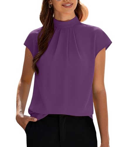Image of Funlingo Womens Summer Tops Mock Neck Short Cap Sleeve Blouses Business Casual Work Chiffon Shirts Front Pleated Tunic Top