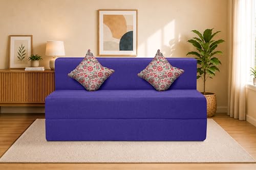 Image of Two Seater Sofa Cum Bed Jute Fabric 4 X 6 Ft| Space Saving Foldable Sofa Bed for Living Room & Guest Room | Comfortable Multi-Functional Furniture - Purple