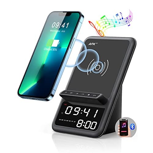 AFK Wireless Charging Station with Bluetooth Speaker and Alarm Clock, 4 in 1 Wireless Charger Compatible with iPhone16 15 14 13 12 11 Pro Max Series,Android Phones(Black)