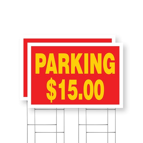 Parking $15 Dollars Yard Sign 2 Pack of 24 Inch x 36 Inch Single Sided Weatherproof Heavy-Duty Plastic with Stake | Clear Directions, Event Parking, Affordable Rates | Made in USA