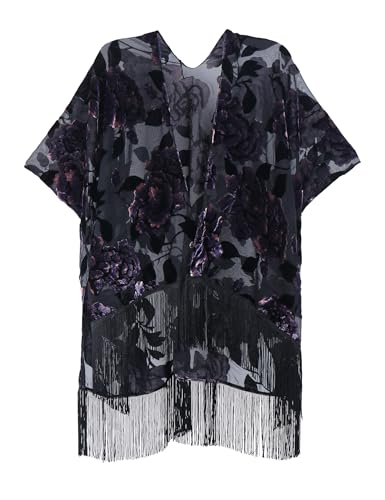 Image of MJ SERECA Women's Burnout Velvet Kimono Cardigan Cover Up with Tassel