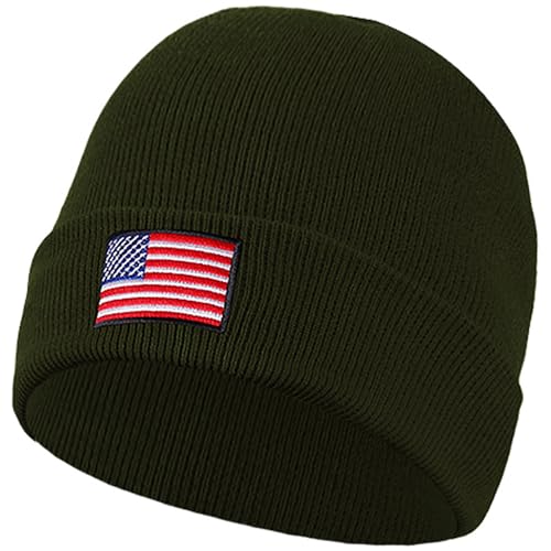 Falari American Flag Embroidered Beanie Hats for Unisex Men Women Winter Cold Weather Knit Cuff Skull USA Cap - Olive