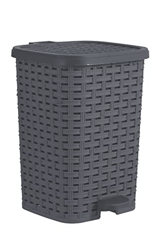 Image of Superio Mini Trash Can with Foot Pedal Small Outdoor Garbage Can with Lid, 3 Gallon Plastic Waste Basket for Bathroom, Bedroom, Kitchen, Office, Patio (Wicker Grey 12 QT.)