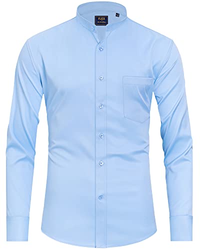 Chemise col mandarin homme manches longues bleu ciel XL vêtement masculin tendance avec poche