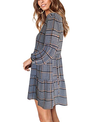 Womens Tunic Dress Bell Sleeve V Neck Plaid Casual Swing Dress Black L #TOP3