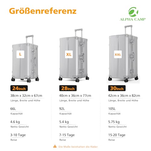 ALPHA CAMP Koffer XL Aluminium Rahmen & Polycarbonat Hartschale mit TSA Schloss Koffer Groß Silber Reisekoffer mit 4 Rollen 40x36x77cm Reisekoffer Suitcase Large 92L Handgepäck Luggage für Reise