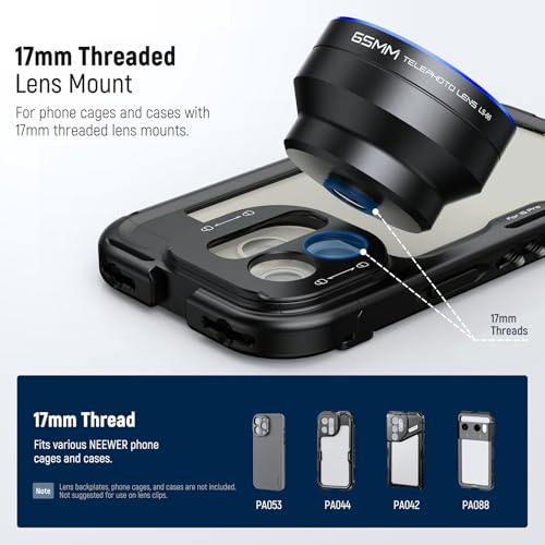 NEEWER HD 65mm Telephoto Phone Camera Lens with Lens Hood Only for 17mm Thread Lens Backplate Cell Phone Cage Case, 1.7X Zoom Lens Attachment Compatible with iPhone 16 15 S25 S24 Ultra Android, LS-66