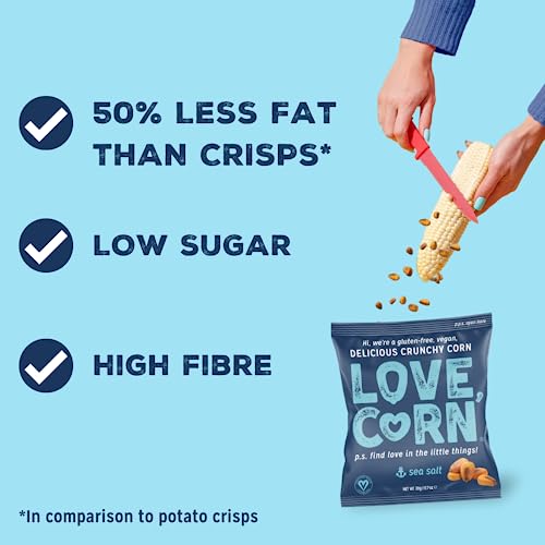 LOVE CORN Sea Salt Crunchy Corn Snack | Bulk Pack 100 x 20g Bags | Kosher, Vegan, Gluten-Free | Simple Ingredients, Low Calories, Low Sugar | Graze Alternative for Crisps, Mixed Nuts & Popcorn | UK