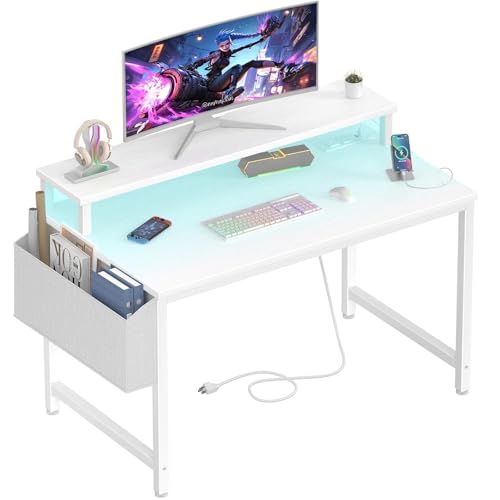 Image of Lufeiya Small White Desk with LED Lights and Power Outlets, 32 Inch Home Office Computer Desks with Monitor Stand, Teen Writing Study Table Gaming Desk with Charging Station, White