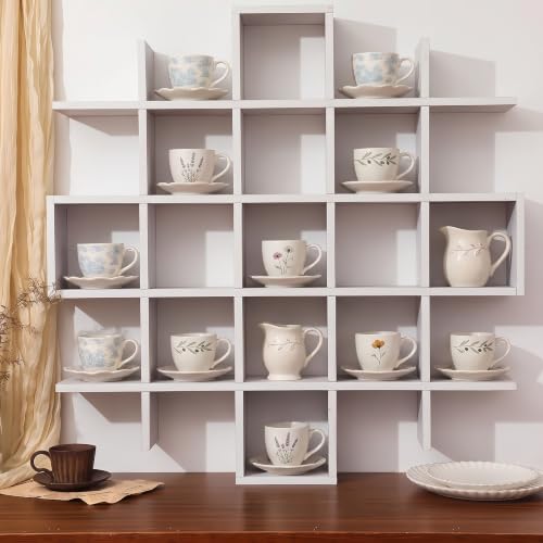 Suzile 5x5 Wall Shelf for Tea Cups Saucers, Rustic Wood Rack, White