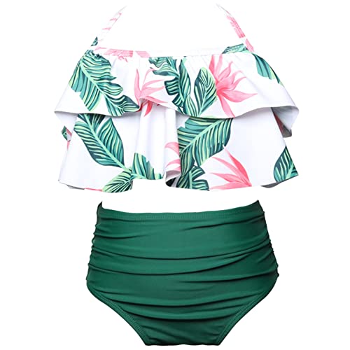 Toddler Kids Girls Swimwear 2pc Set Solid Ruffle 𝐇𝐚lter Top + Floral Print Bottoms Bikini Tankini Swimming Suit