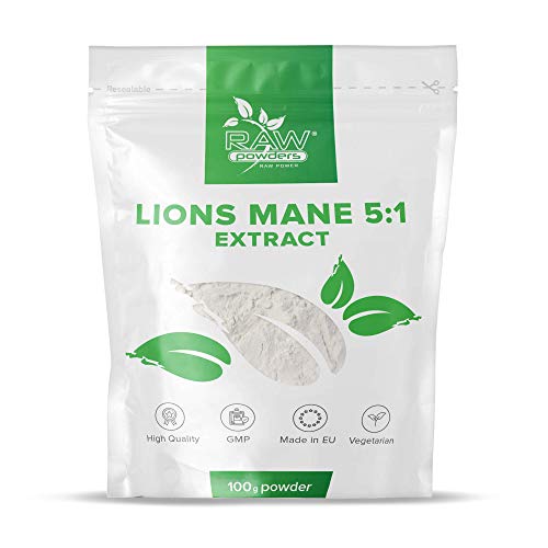 Lions Mane Pulver 100g Hochdosiert - Reines Hericium Erinaceus Ergänzungsmittel - Löwenmähne Pilz für Gehirn und Konzentration - Von Raw Powders Cover