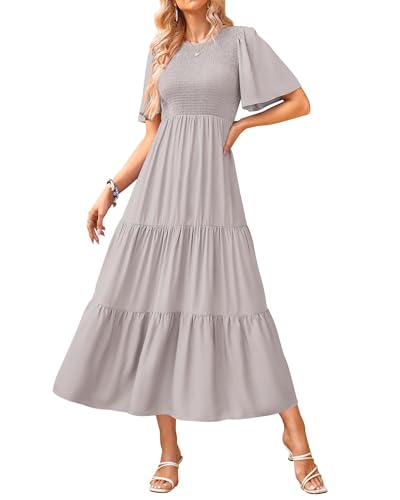 Image of KIRUNDO Summer Dresses for Women 2026 Spring Casual Flutter Short Sleeve Wedding Guest Smocked Flowy Tiered Aline Midi Dress