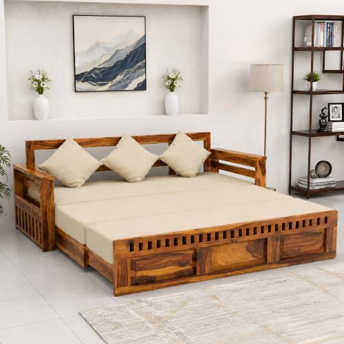 Image of SONA ART & CRAFTS Kuber Sheesham Wood Sofa Cum Bed 3 Seater with Storage and Side Pockets for Living Room Organizer Furniture Sofa Bed Home, Bedroom (Natural Finish)