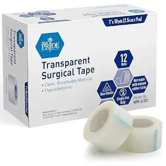 MED PRIDE Transparent Surgical Tape, 1 in x 10 yd, Hypoallergenic, 12-Pack