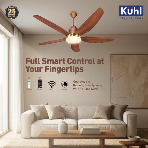 Image of KUHL Luxus Star 1400mm Stylish 65% Power Saving BLDC Ceiling Fan With Remote | BEE 5 Rated & ISI Marked | Down Light | High Air Flow & Low Noise | Smart IoT | Reverse Mode | Free Installation | Teak