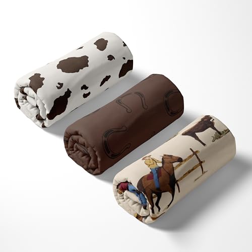 Image of Sweet Jojo Designs 3-Piece Baby Crib Sheets Set (Western Cowboy) for Boys, Infant Nursery, Toddler Room - Fitted, Standard Size (Horseshoe, Cow Print, Farm, Horse, Wild West, Country, Southern, Brown)