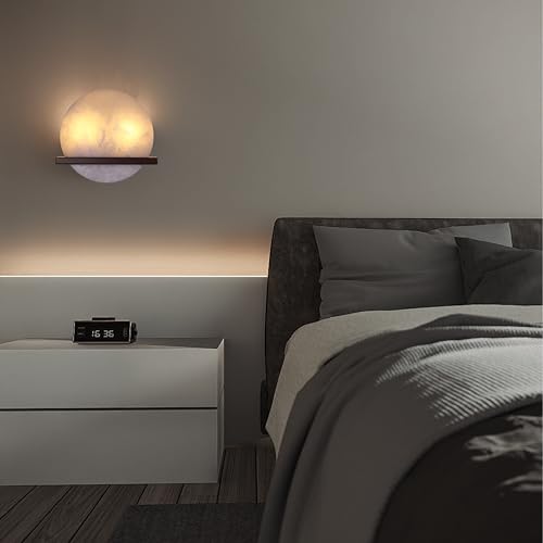 Image of 2 Pack 2 Light 10 inch Round Natural Alabaster Bathroom Wall Sconce Modern Concise Style Wall Light Fixture,Oil Rubbed Bronze Finish for Bedroom Hallway Bedside Living Room
