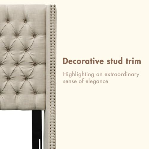 Image of Madison Park King Wingback Upholstered Tufted Headboard, Featuring High-Density Sponge Padding, Adjustable Height Headboard, Easy Assembly, Beige Woven