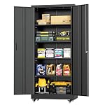 INTERGREAT Metal Storage Cabinet with Wheels, 73" H Rolling Metal Cabinets with Doors and Shelves, Black Steel Lockable Cabinet on Wheels for Garage Storage