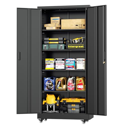 INTERGREAT Metal Storage Cabinet with Wheels, 73" H Rolling Metal Cabinets with Doors and Shelves, Black Steel Lockable Cabinet on Wheels for Garage Storage by INTERGREAT - Used condition - US$130.67