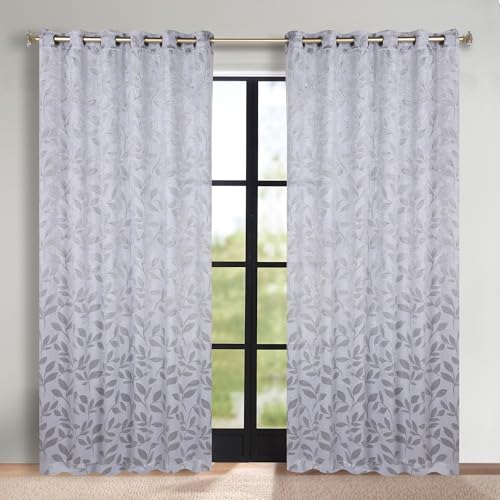 Superior Semi Blackout Curtains - Modern Leaves - 70" x 96" - Grommet Header - Thermal Insulated, Sun Blocking & Room Darkening Drapes for Bedroom, Living Room - Set of 2 Panels - Silver