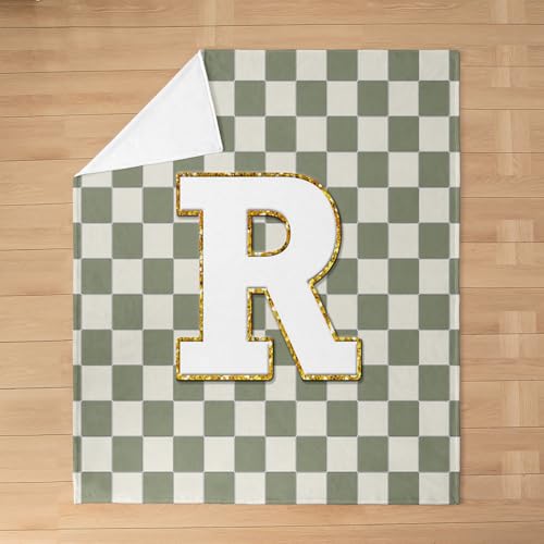 Image of Erosebridal Sage Green Checkered Flannel Blanket Plaid Initial R Fuzzy Plush Throw Personalized Monogram Fleece Blanket for Kids Boys Girls,Fashion Grids Gingham Decor for Bed Couch 40 inchx50 inch