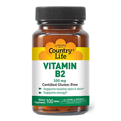 Country Life Vitamin B-2, Supports Health Eyes & Skin And Energy, 100Mg, 100 Tablets, Certified Gluten Free, Certified Vegan, Certified Halal #TOP12