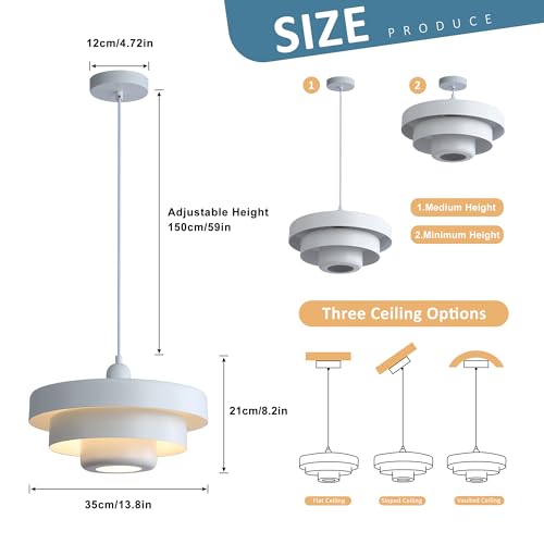 Zoxxoz Industrial Pendant Light, 14'' Nordic Ceiling Pendant Lighting, 3-Layer Metal Shade Design, Vintage Hanging Light Flush Mount Light for Kitchen Island, Dining Table Living Room Hallway(White) by Zoxxoz - Used condition - Image 4