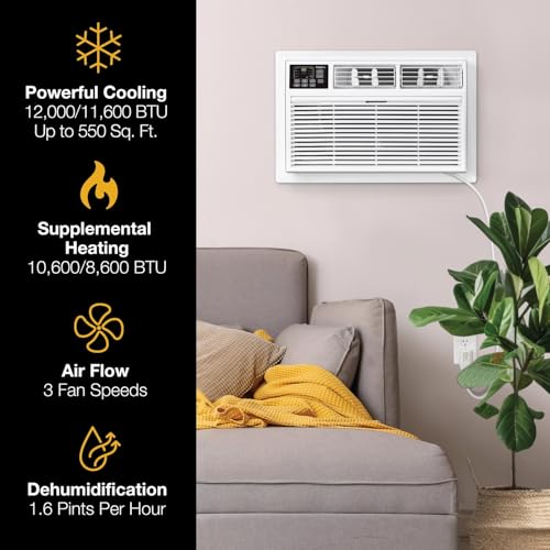 Image of Whirlpool 12,000 BTU 230V Through-the-Wall Air Conditioner with Supplemental Heat, Dehumidifier and Remote, Wall AC Unit for Apartment, Living Room and Medium Rooms up to 550 Square Feet in White