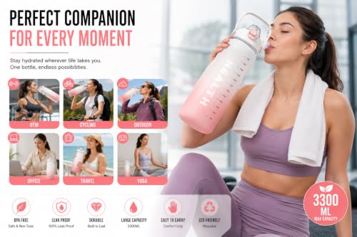 Image of 3.3 Liters Large Water Bottle With Straw & Handle, Sport Canteen Bottle With Time Marking, Leakproof Gym Water Bottle For Women & Men - Multicolor - Plastic (White)
