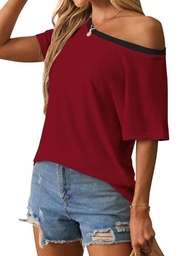 Image of Hilinker Womens Sexy Off The Shoulder Tops Short Batwing Sleeve T Shirt Oversized Casual Tee