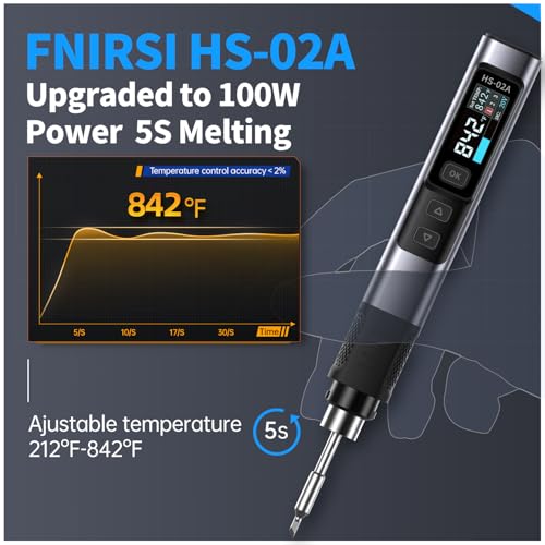 FNIRSI HS-02A 100W Portable Corded Soldering Iron Kit, 3S Fast Heating, 212-842℉, Pre-set 3 Groups Temperature, 6 F245 Soldering Tips, Smart Digital Soldering Iron Pen Tool for Electronics Repair