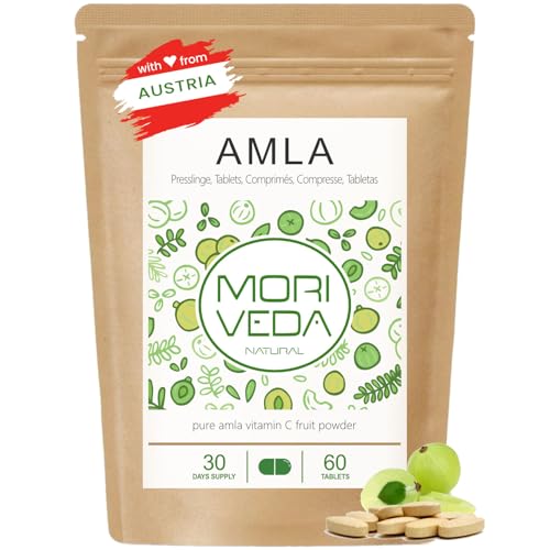 MoriVeda® Amla Tablets 1000mg, 60 Uds. bomba de vitaminas hecha de bayas de Amla para el sistema inmunológico, la piel, el cabello y la digestión en ayurveda, vegano y sin gluten, 1x 60 tabletas