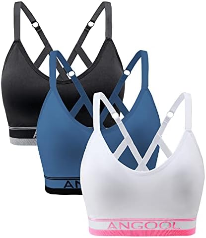 ANGOOL Strappy Sports Bras for Women, Longline Medium Support Yoga Bra Wirefree Padded Sports Bra with Adjustable Straps Blue Pink 3Pack