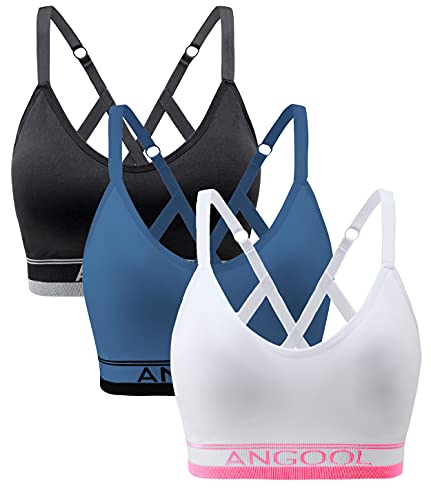 Angool Strappy Sports Bras For Women, Longline Medium Support Yoga Bra Wirefree Padded Sports Bra With Adjustable Straps Blue Pink 3Pack #TOP25