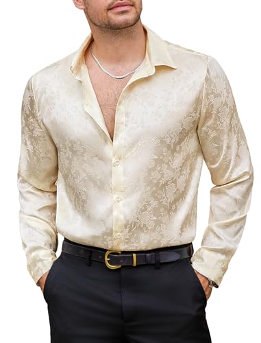 Vssjavun Mens Satin Dress Shirts Long Sleeve Silk Shirt Shiny Luxury Button Up Floral Shirt Party Prom Wedding Shirts