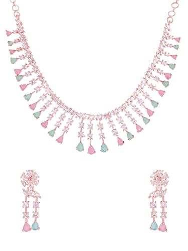 Image of Yellow Chimes Jewellery Set for Women and Girls American Diamond Jewellery Set | Rosegold Rhodium Plated AD Necklace Set for Women | Birthday Gift for Girls & Women