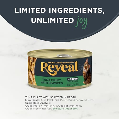 Image of Reveal Natural Wet Cat Food, 24 Count, Grain Free, Limited Ingredient Canned Food for Cats, Tuna with Seaweed in Broth, 2.47 oz Cans | 100% Natural, High Quality Protein, Limited Ingredient, Grain Free, No Fillers, No Artificial Additives, No By-Products