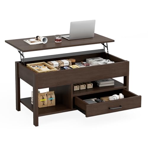 IKIFLY ローテーブル 昇降式 木製 コーヒーテーブル 引き出し付き テーブル 収納付き センターテーブル 大容量収納リビングテーブル 高さ調整リフティングテーブル 簡単開閉 ホンムオフィステーブル 昇降式 コンパクト リビングルーム オフィス用 在宅勤務 食事一人暮らし 幅90×奥行45×高さ46.2-59cm （ブラウン）