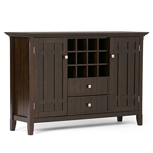SIMPLIHOME Bedford Buffet - 54 inch Wide Solid Wood 3-Door Sideboard Buffet with Wine Rack in Dark Tobacco Brown, Transitional Cabinet for Dining Room or Kitchen with Adjustable Shelves