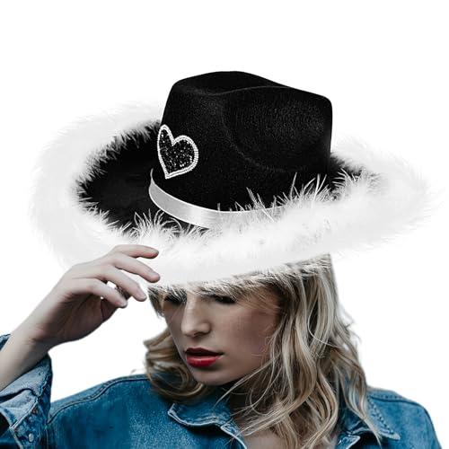 Sombrero de vaquera, sombrero vaquero estilizado con estampado de corazón, ligero de fieltro transpirable para playa, festival al aire libre, viajes y vacaciones de verano, Negro