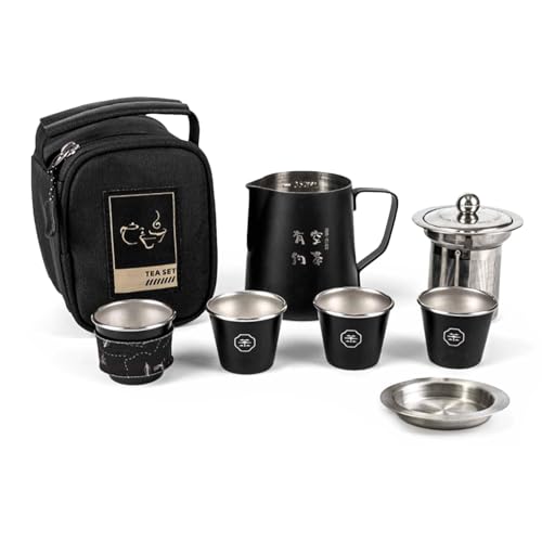 Reise-Teekannen-Set - Teekannen- und Tassen-Set, kompaktes Brauset, Teekanne und Tassenset, Hitzebeständige Edelstahl-Teekannen mit 4 Teetassen | Kompaktes Teeservice, tragbares Stapelbares...