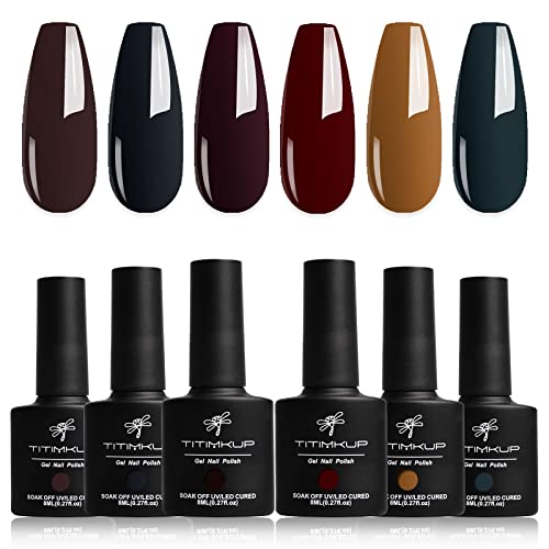 TITIMKUP Winter Gel Nail Polish Set, 6PCS Burgundy Red Khaki Purple Red Fall Gel Polish Kit Jewel Blue Green Brown Autumn Gel Polish Soak Off LED Gel Nail Polish Manicure Nail Art Set for Christmas Gifts
