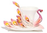 HindaWi Hand Crafted Porcelain Enamel Graceful Peacock Tea Coffee Cup Set with Saucer and Spoon, Pink